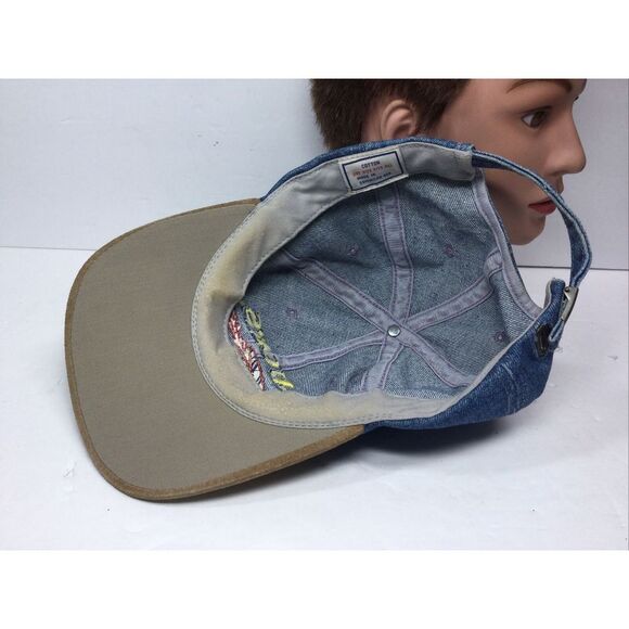 Vintage‎ Lucks Racing Denim Hat Blue Tan Baseball Cap Adjustable Strap Back - Picture 7 of 8